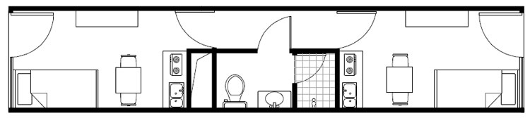 雙側外走廊雙人間室內布局,集裝箱房屋,集裝箱活動房,住人集裝箱,集裝箱住宅,集裝箱建筑