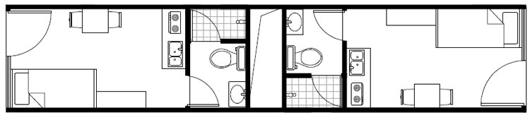 雙側外走廊兩獨立單人間室內布局,集裝箱房屋,集裝箱活動房,住人集裝箱,集裝箱住宅,集裝箱建筑
